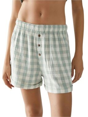 Intimately Free People Women's Sz M Aqua Gingham Sunday Morning Boxer Shorts